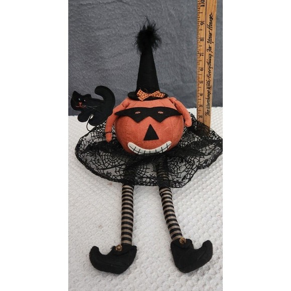 Primitive Folk Art Pumpkin‎ Head Doll Halloween Fall Witch Shelf Sitter Autumn - Picture 4 of 9